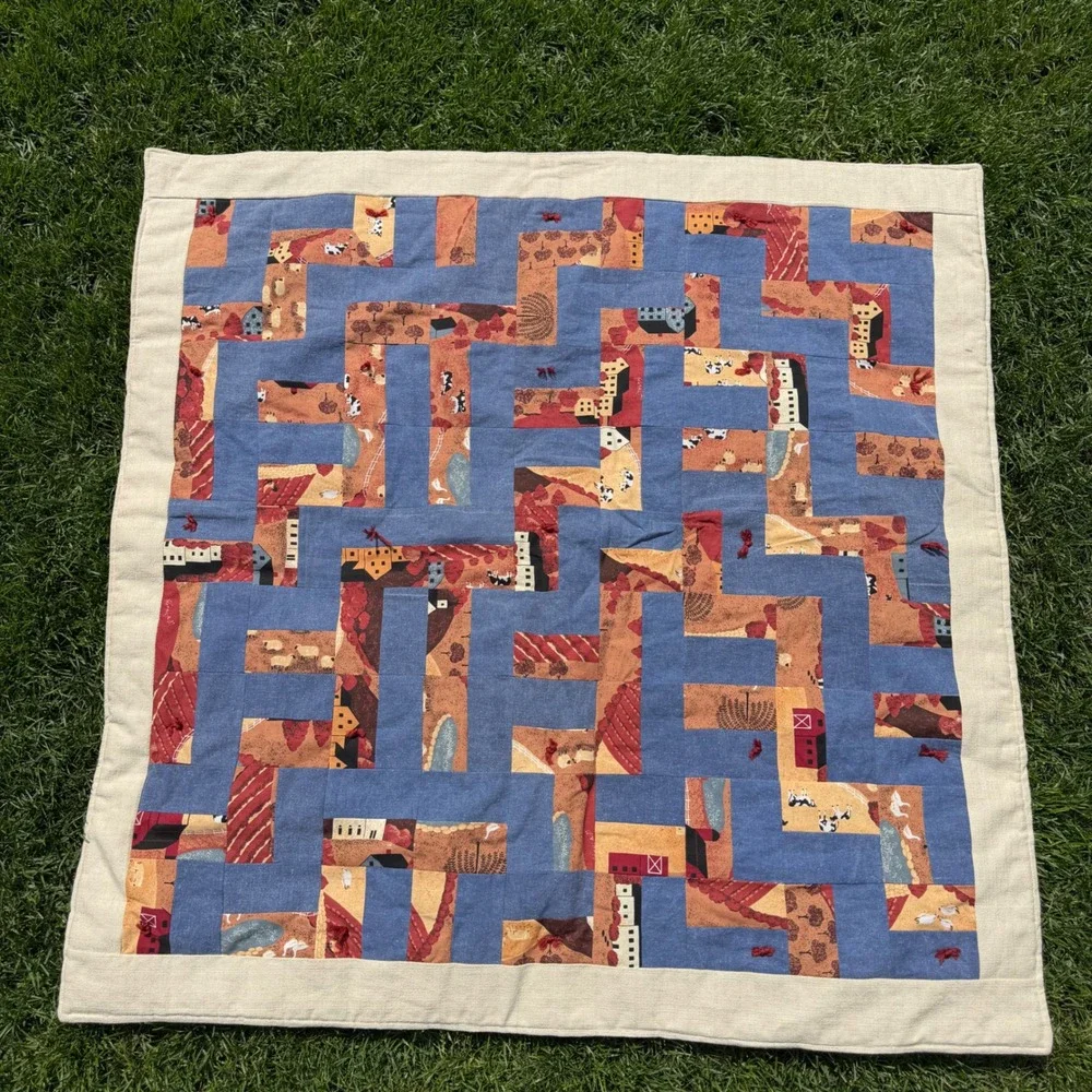 Immanuel Quilters Handmade Patchwork Farm Quilt Blue Red Country Barn 40x40 A+